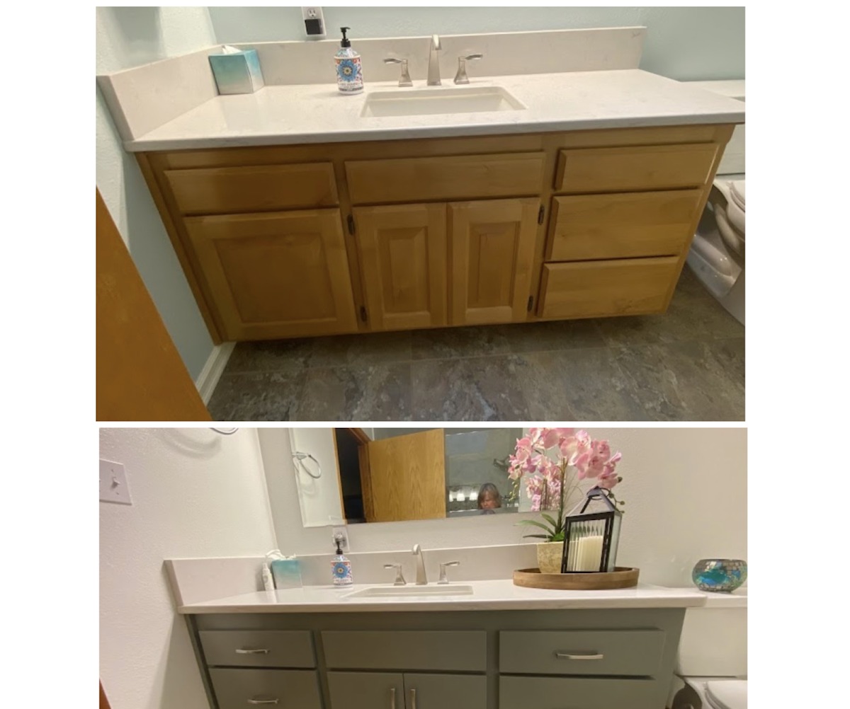 Bathroom vanity cabinet before and after refinishing by Gibbons Construction, oak cabinets painted sage green